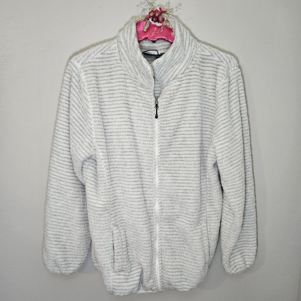 Stillwater Supply Co. Unisex White Gray Striped Zip Jacket 2XL Mid-Length Cozy